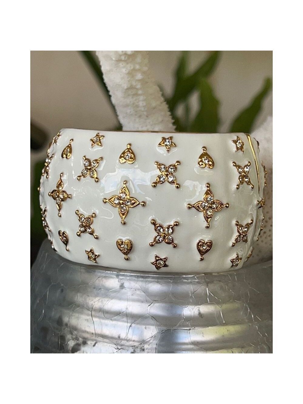 White Enamel Gold & Crystal Bracelet Kenneth Jay Lane Hearts & Stars